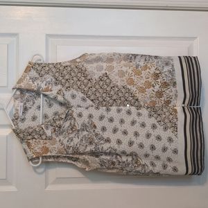 Calvin Klein sleeveless blouse, brown, black, gold, brown, ivory, and grey. Szlg
